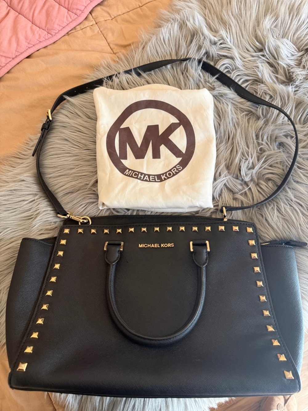 Michael Kors Black Studded Saffiano Satchel with Gold Hardware